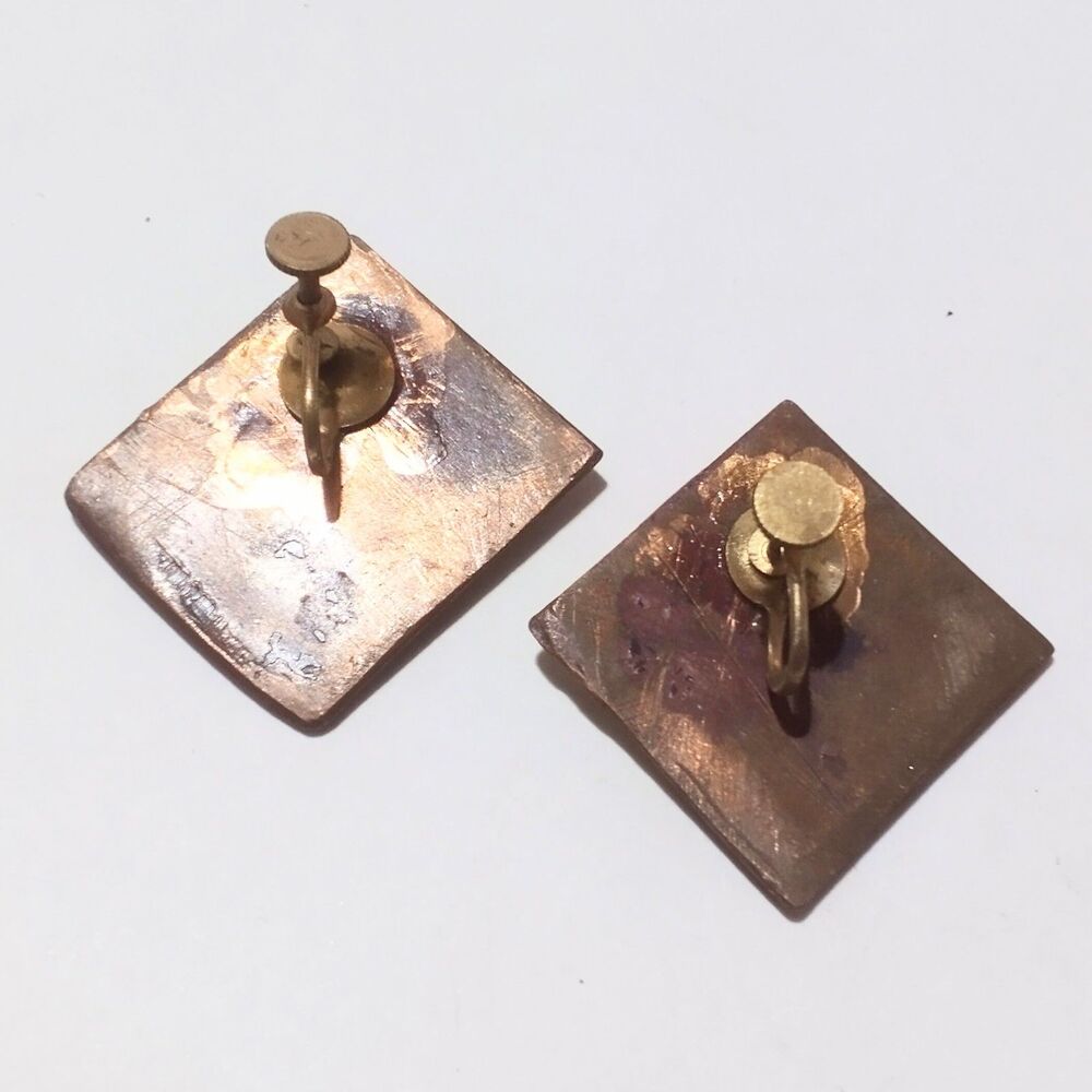 Vintage MCM Yellow Red Enamel on Copper Screw Back Earrings - Picture 7 of 7